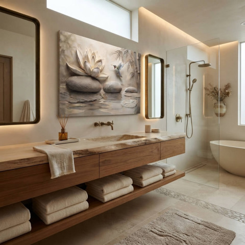 Bathroom Wall Art with Lotus Flower and Hummingbird – Spa Yoga Zen Wellness Print for Home Dennis