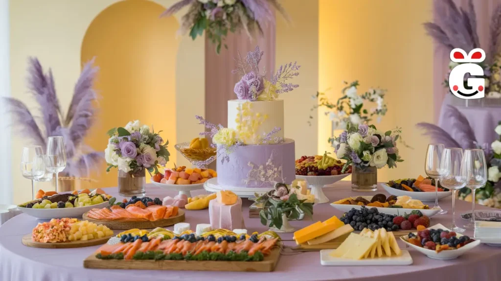 A beautifully arranged engagement party banquet table with various foods, a wedding cake, and wine glasses, set against a soft yellow background with lavender accents.