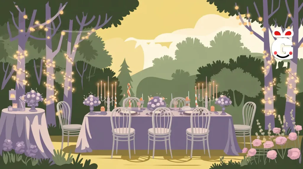 Illustration of an elegant outdoor engagement party setup with fairy lights and a decorated table in a garden setting.