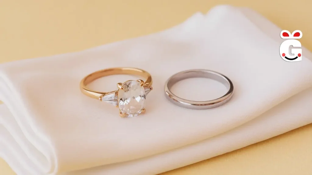 A side-by-side comparison of an engagement ring and a wedding ring, highlighting their distinct designs.